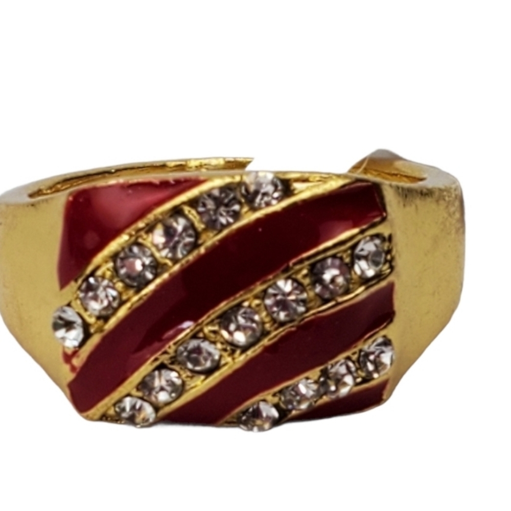 Vintage style Gold plated red enameled rhinestones fashion cocktail ring size 9*